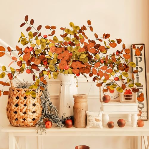 Autumn Orange 8 Pcs Fall Eucalyptus Stems with Pumpkins - Fall Home Decor