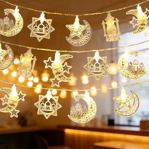Moon Star String Lights 10FT 20 LED Fairy Lights Ramadan & Christmas Decor - Battery & USB Powered with 2 Modes Waterproof