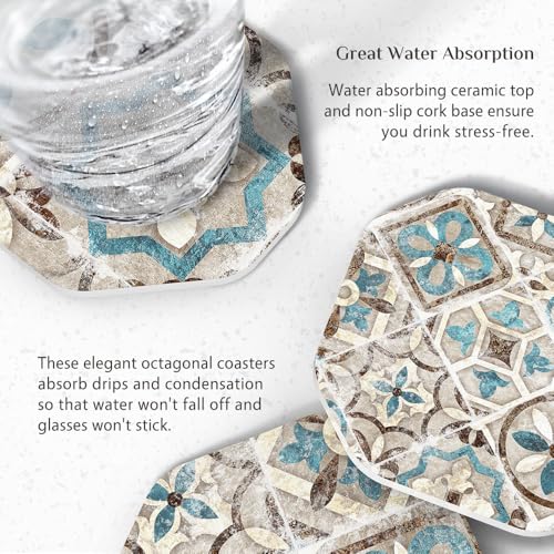 Mandala Ceramic Coasters Set of 6 with Holder - Absorbent Vintage Tile
