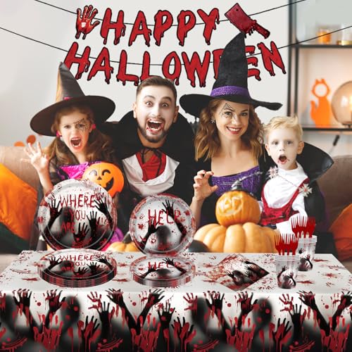 Halloween Bloody Handprint Party Plate Set for 24 Guests - Tableware & Decorations