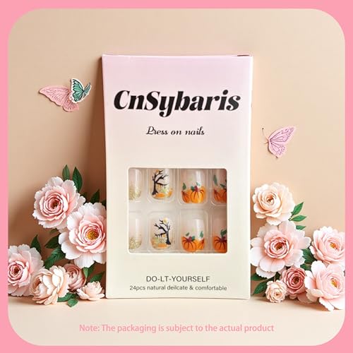 Fall Pumpkin French Tip Press On Nails Short Square Glitter Artificial Nails for Women - Autumn Variation