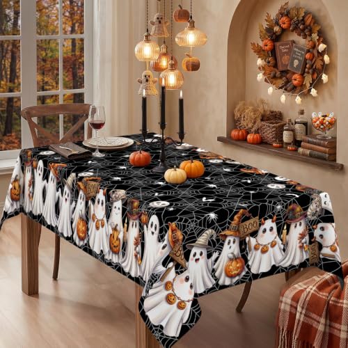 Halloween Ghost Black Rectangular Tablecloth 60 x 102 Inches - Spider Web & Ghost Design