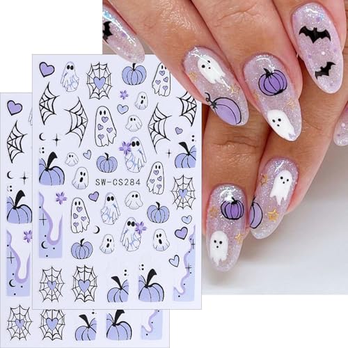 Halloween Nail Stickers Set Little Ghost – 10 Sheets Pumpkin & Ghost Face Decals for DIY Manicure