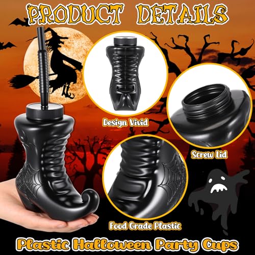 12 Pack Halloween Witch Boot Cups with Lids & Straws - 10 oz Reusable Plastic Party Drinkware