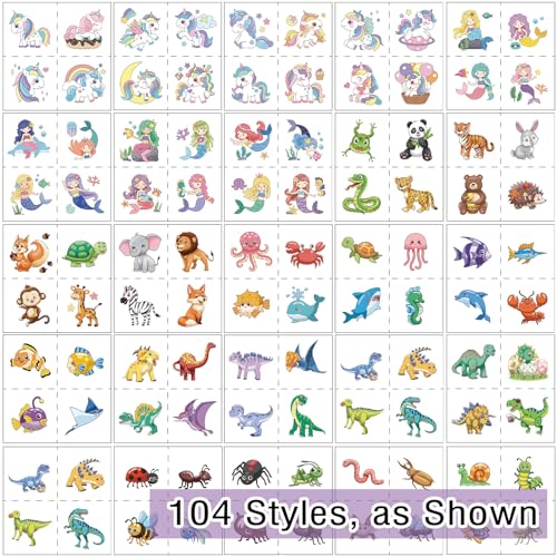 104 Kids Temporary Tattoos Pack - Assorted Unicorn, Dinosaur, Mermaid & Animal Designs - Mixed Variations
