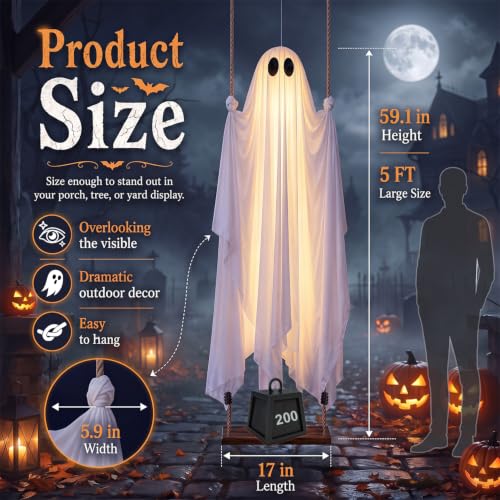 Outdoor Halloween Ghost Swing with String Lights - 5 FT Spooky Decor Kit