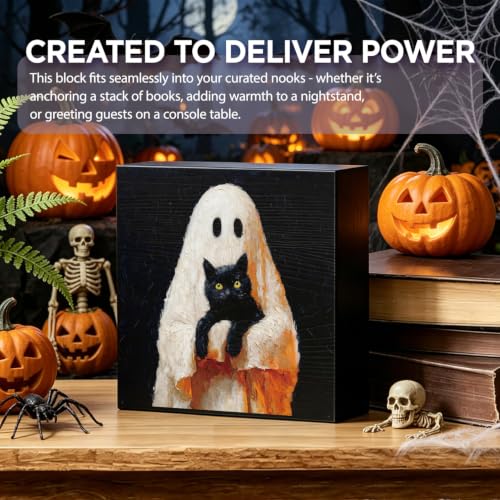 Halloween Ghost and Black Cat Wood Sign - Spooky Cute Decor for Home & Office
