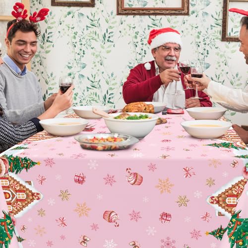Pink Gingerbread Disposable Christmas Tablecloth Set - 3 Pieces 54x108 Inches