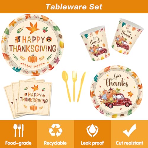 Thanksgiving Party Supplies 142pcs Fall Plates Napkins Cups Flatware Tableware Set - Happy Fall Maple Leaves & Banner, Autumn Decorations