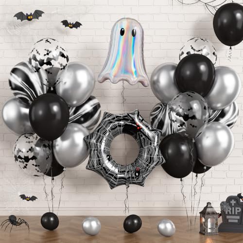 Halloween Black Silver Balloons Ghost Spider Foil Balloon Party Decorations - 34PCS
