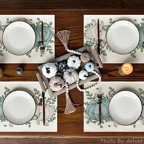 Autumn Fall Placemats Set of 4 - 12x18 Inch Eucalyptus & Pumpkin Table Decor