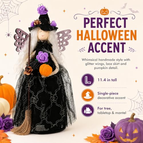 Halloween Witch Tree Topper Decoration - 11 Inch Black Witch with Spider Web Skirt - Multicolor Variant