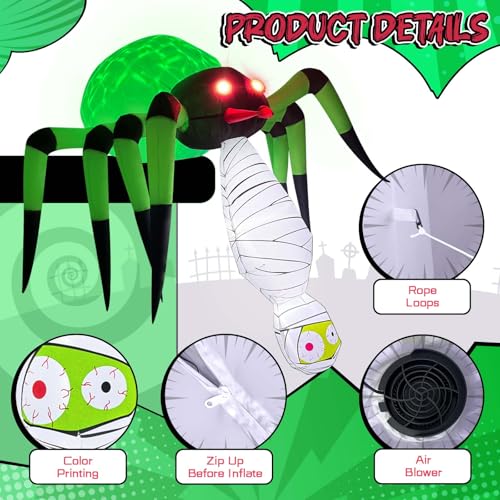 Inflatable Spider with Mummy & Green LED Light - 7FT Halloween Outdoor Decor