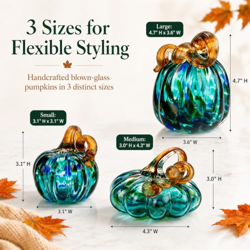 Green Blown Glass Pumpkins Figurines - Fall Thanksgiving Halloween Decor - Set of 3
