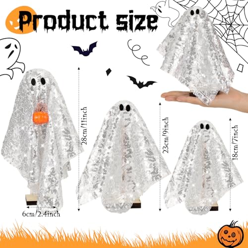Halloween Ghost Table Decor Set - Silver Disco Wooden Ghosts with Pumpkin - 3 Pieces