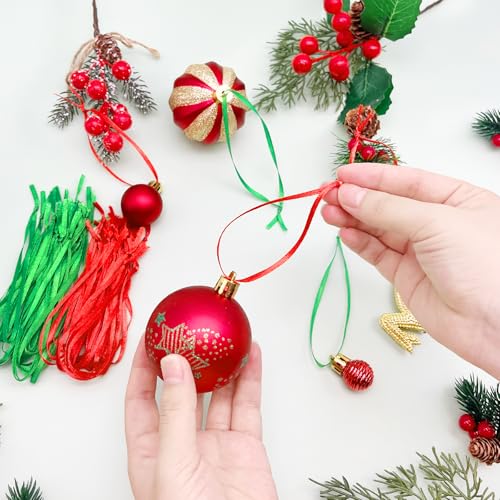 Christmas Ornament Ribbon Hangers - Red & Green Hand Tied String Hooks for Tree & Decorations
