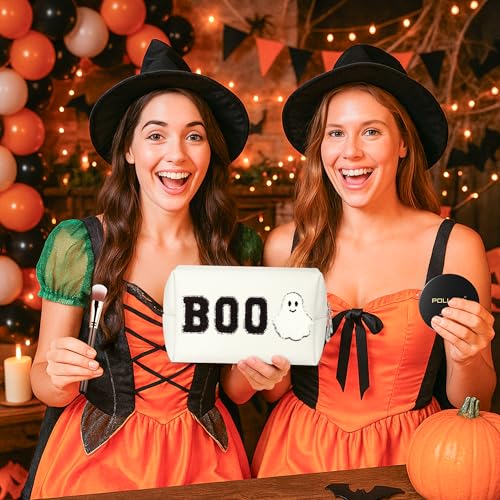 White Halloween Makeup Bag - Cosmetic Travel Pouch with Chenille Letter Design