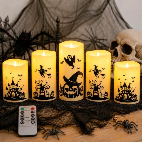 Halloween Flameless Candles with Remote Control - Haunted House & Pumpkin Scene