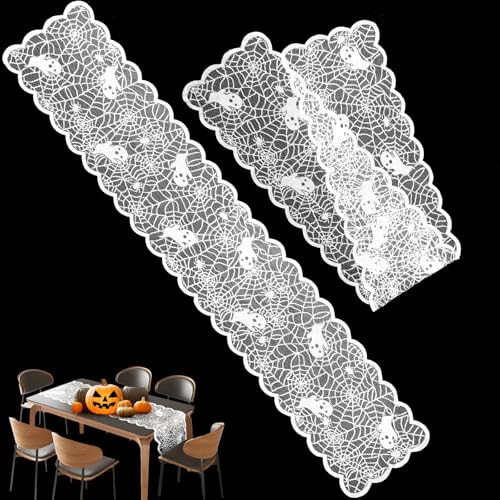 Spider Ghost Halloween Table Runner 13x72 Inch White Lace Web Decor - 2 Pack