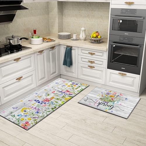 Spring Kitchen Rug Set of 2 Non-Slip Washable Floral & Wood Grain Mats - Spring
