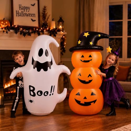 2PCS Inflatable Halloween Yard Decorations - Pumpkin & Ghost, Waterproof Outdoor Blow-Ups