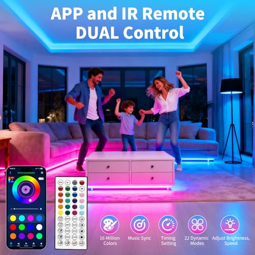 50FT RGB Music Sync LED Strip Lights with App & Remote Control - Color Changing Indoor Lights