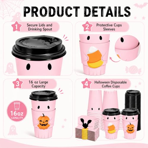 Disposable Coffee Cups with Lids & Sleeves - Pink Ghost Halloween 16 Oz - Pack of 60