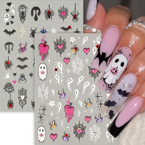 Halloween Nail Stickers Set - 8 Sheets Spooky Ghost Bat Pumpkin Web Rhinestones - Variation of THIS listing