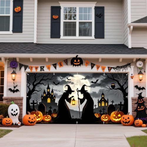 Halloween Witch Garage Door Cover Banner 18x7ft - Black Spooky Graveyard Scene