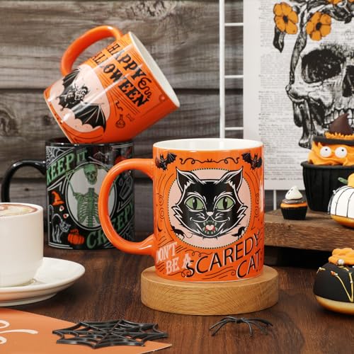 Halloween Ceramic Coffee Mug Set - Pumpkin Black Cat Skeleton 12oz