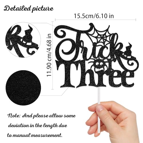 Halloween Themed 3rd Birthday Cake Topper Trick or Three Decorations Black Glitter