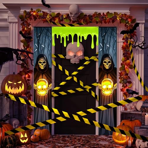 Halloween Green Slime Pattern Door Banner with Caution Tape Set | Eerie Party Decor