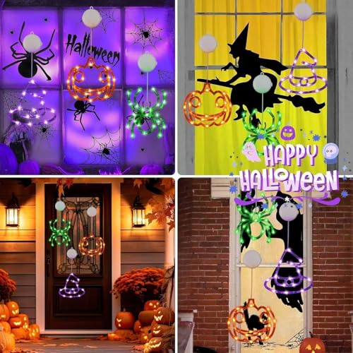 Halloween Window Lights Set - Pumpkin, Witch Hat & Spider Shapes, 3 Pack (Orange Purple Green)