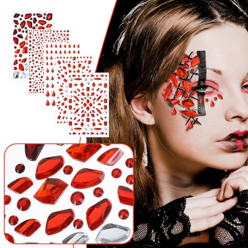 Self-Adhesive Face Gems Set for Halloween & Festivals - 5 Sheets Red & White Rhinestones for Body & Face Makeup