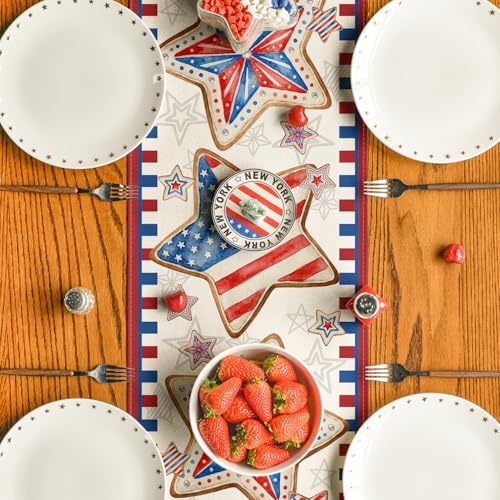 Patriotic 4th of July Stars American Flag Table Runner 13x60 Inch Beige