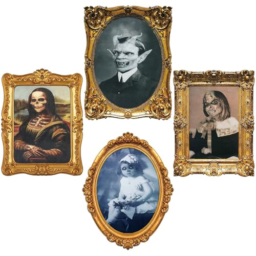 3D Moving Portrait Halloween Wall Decor Set - Spooky Optical Illusion, Gothic Frame, 4 Pack