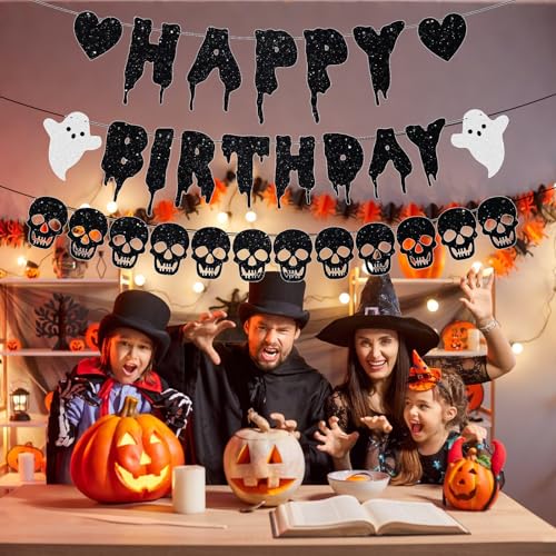 Black Glitter Halloween Birthday Banner & Skull Garland Set