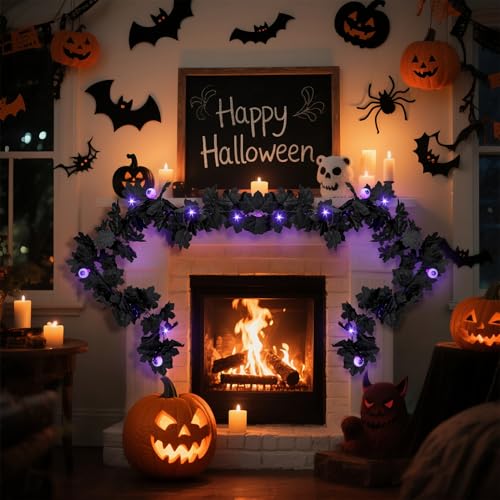 6FT Black Maple Leaves Halloween Garland with 20 LED Purple Lights