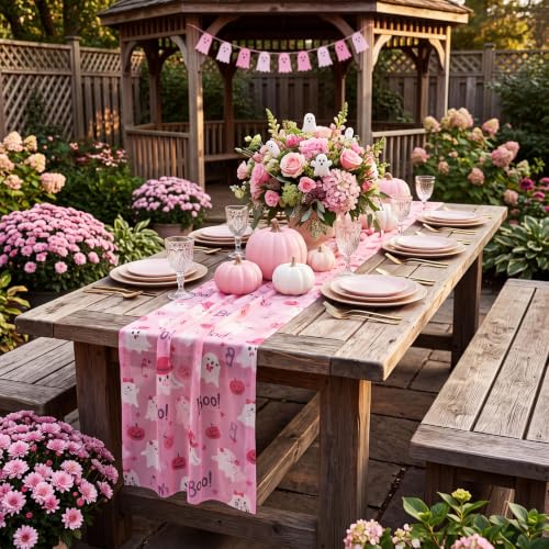Halloween Gauze Table Runner Pink Ghost 28x118 Inches - Set of 3