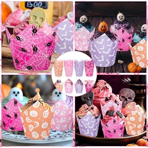 Halloween Cupcake Liners Set - 200 Tulip Shaped Baking Cups with Pumpkin Ghost Bat Designs