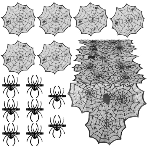 Halloween Spider Table Decoration Set with Web Runner and Lace Placemats