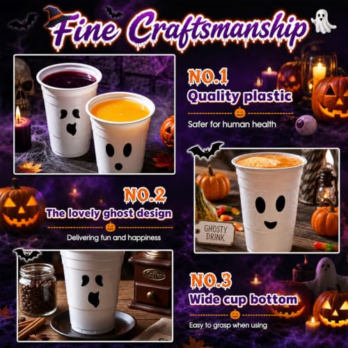 Halloween Ghost Face Plastic Cups 16oz Disposable Party Drinkware - 60 Pcs Variation of Ghost Face