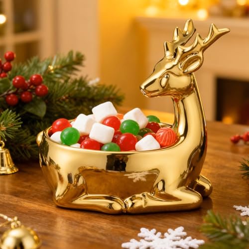 Christmas Candy Bowl Reindeer and Gold Ceramic Cookie Storage Dish - Festive Holiday Decor