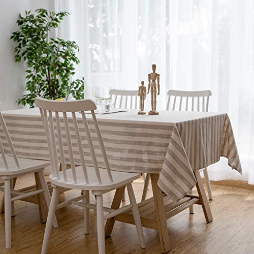 Fall Farmhouse Tablecloth 6ft Rectangular Taupe Striped Linen Blend Indoor Outdoor