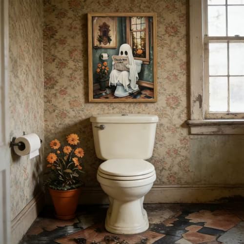 Ghost Reading Newspaper Wall Art - 10x8 Inch Framed Halloween Bathroom Decor - Whimsical Ghost Wall Print