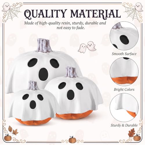 Halloween Ghost Pumpkin Decor Set - 3 Resin Figurines 7, 6 & 5 Inches - AceOrbit