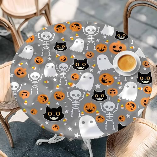 Halloween Fitted Round Tablecloth - Waterproof Skeleton Ghost Design, Fits 45-54 Inches, Grey