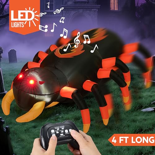 4ft Inflatable Spider with Remote Control, 360° Rotation LED Halloween Decor