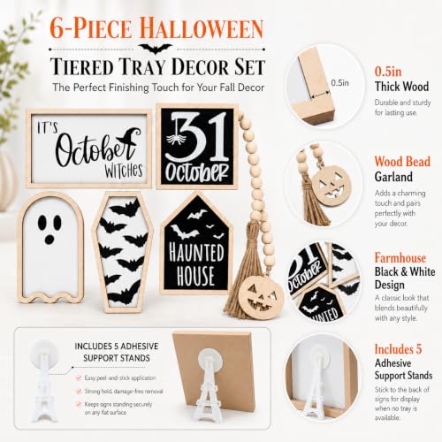 Halloween Tiered Tray Decor Set with Bat Coffin Ghost Witches Sign Bead Garland