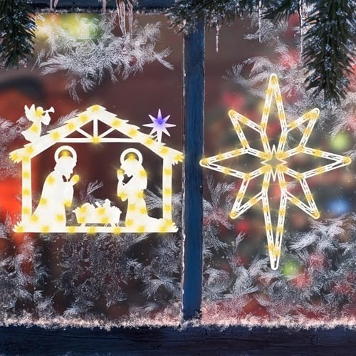 Christmas Window Silhouette Lights - Bethlehem Star & Nativity 16-inch Decorations - UL Certified LED
